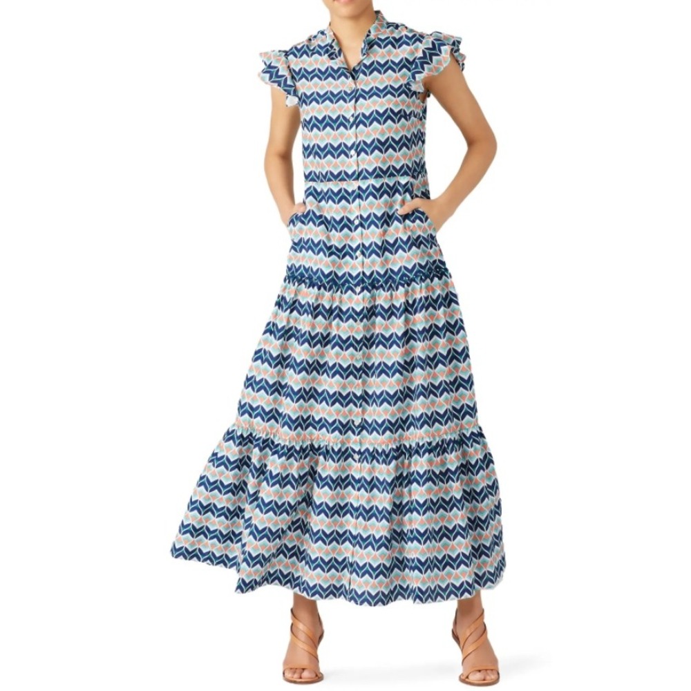 Paloma Blue ISABEL Silk Cotton Chevron Tiered Maxi Dress Blue Coral Small